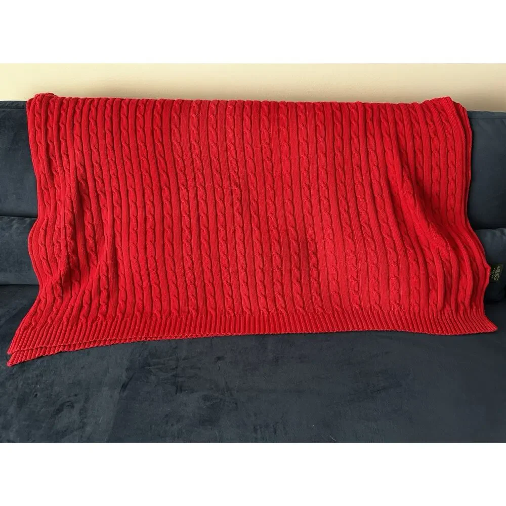 Ralph Lauren Jamie Cable Knit Throw Blanket 50x70 Red Soft Cozy